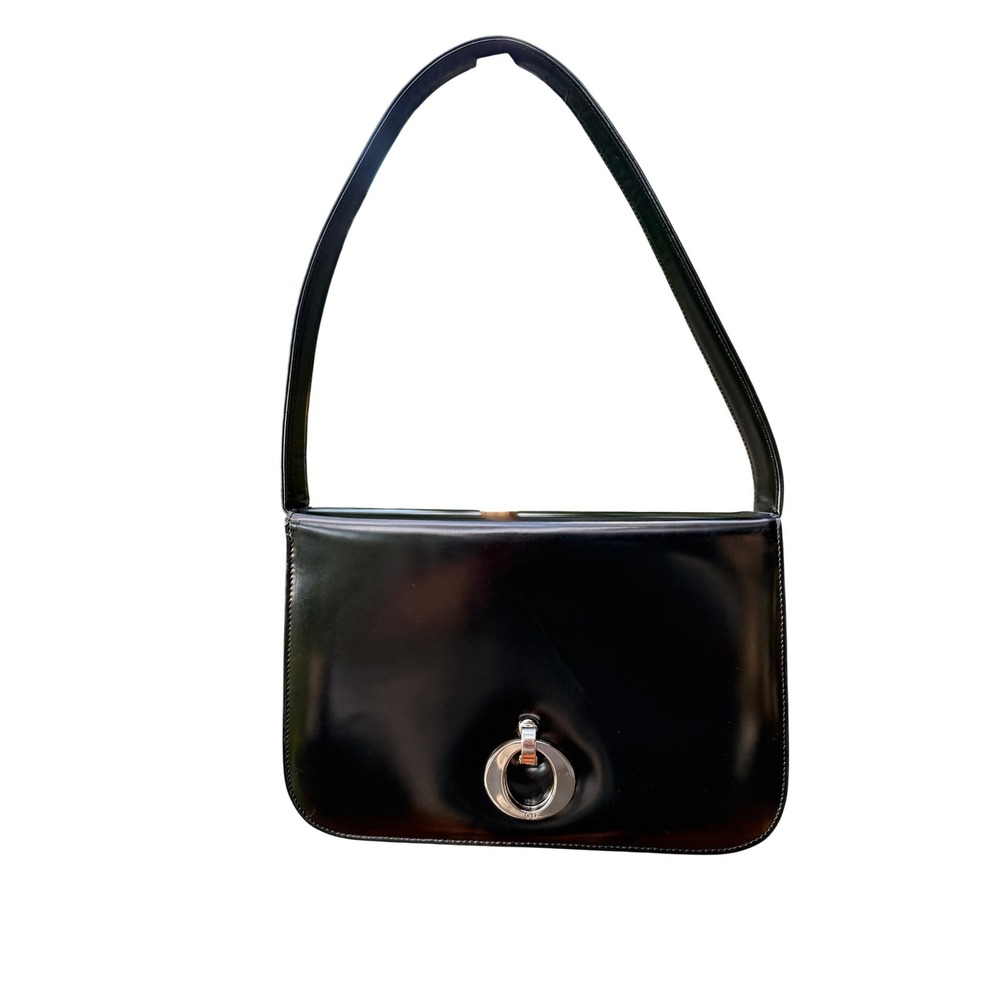 Vintage Christian Dior Black Leather Bag Silver CD Ring Clasp Red Lining
